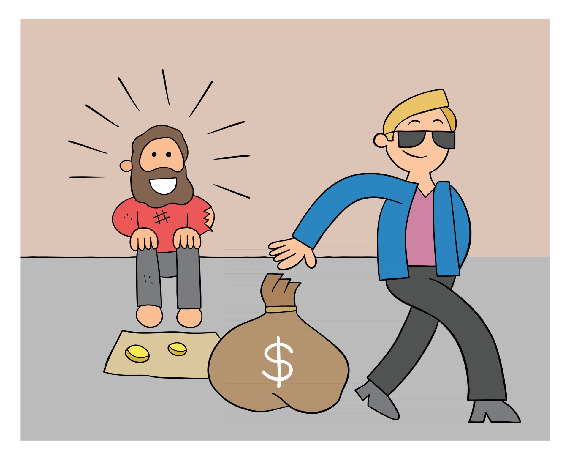 Cartoon Rich Man Giving Homeless Man a Sack of Dollars Vector Illustration  2567712 Vector Art at Vecteezy