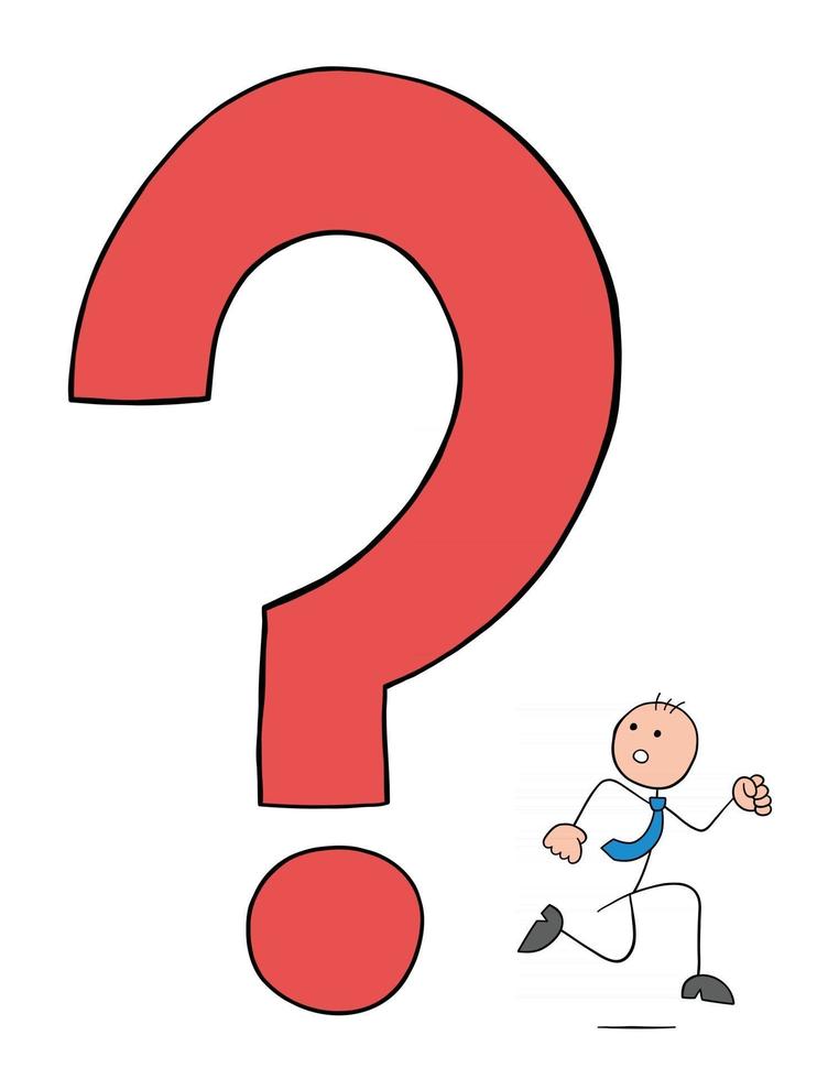 Stickman Businessman Character Afraid of the Huge Question Mark and Runs Away Vector Cartoon Illustration