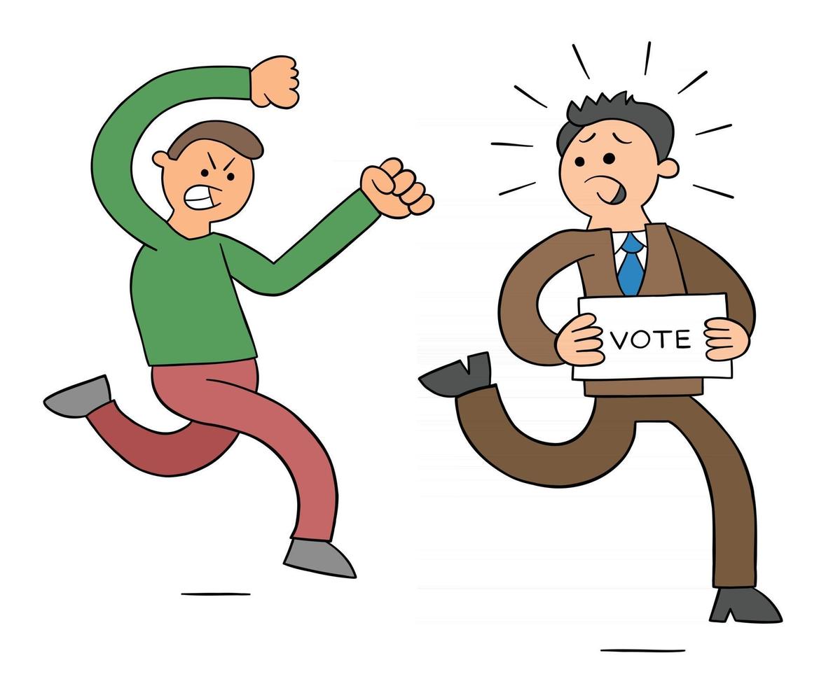 Cartoon Angry Man Chasing Politicians Who Want Votes Vector Illustration