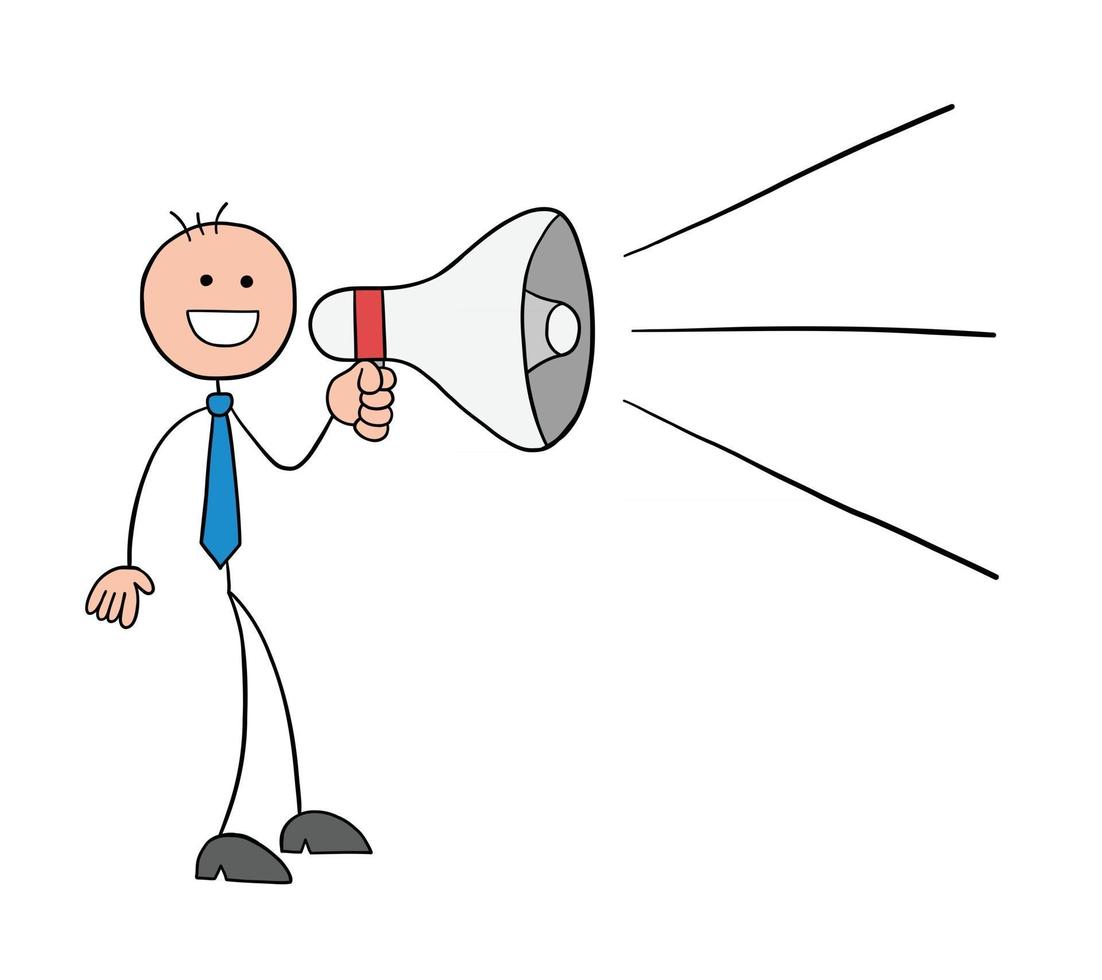 Stickman Businessman Character Announcing Using a Megaphone Vector Cartoon Illustration