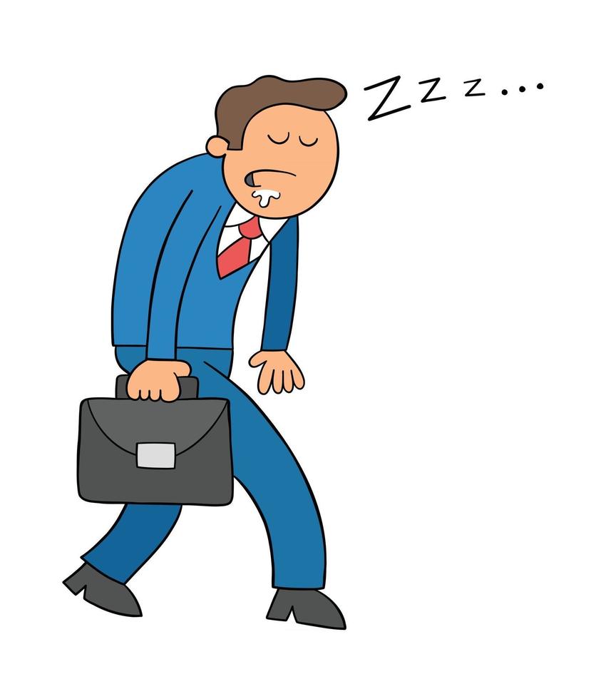 Cartoon Businessman Going to Work and Sleeping While Walking Vector Illustration