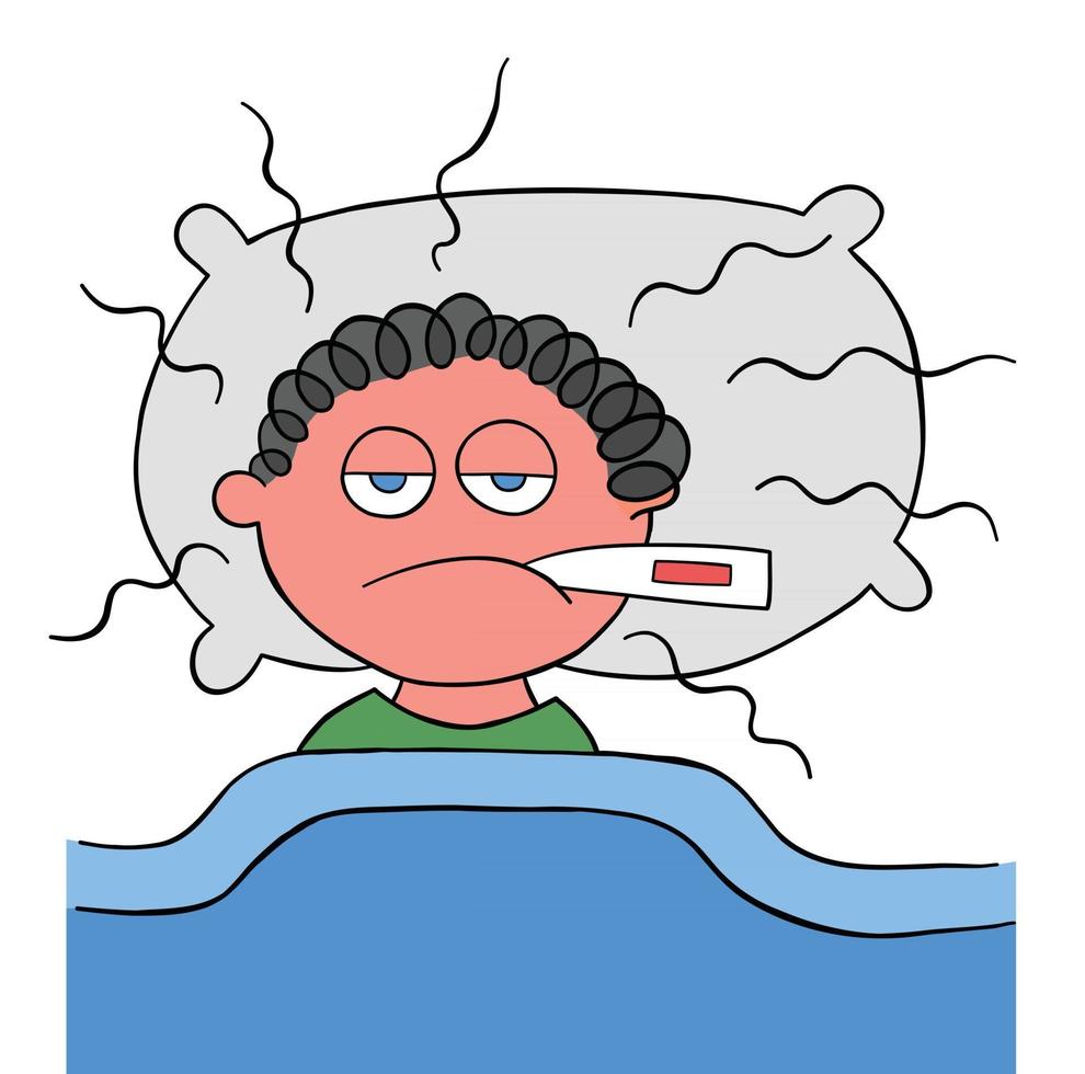 Cartoon Man is Lying Down and has a Fever Vector Illustration