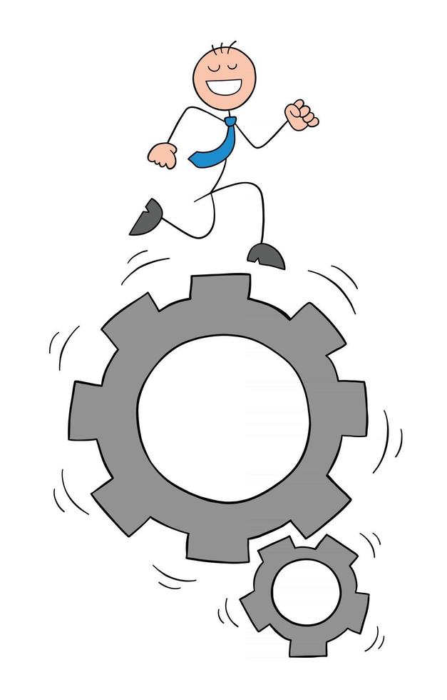 Stickman Businessman Character Happy and Running on the Spinning Gear Vector Cartoon Illustration