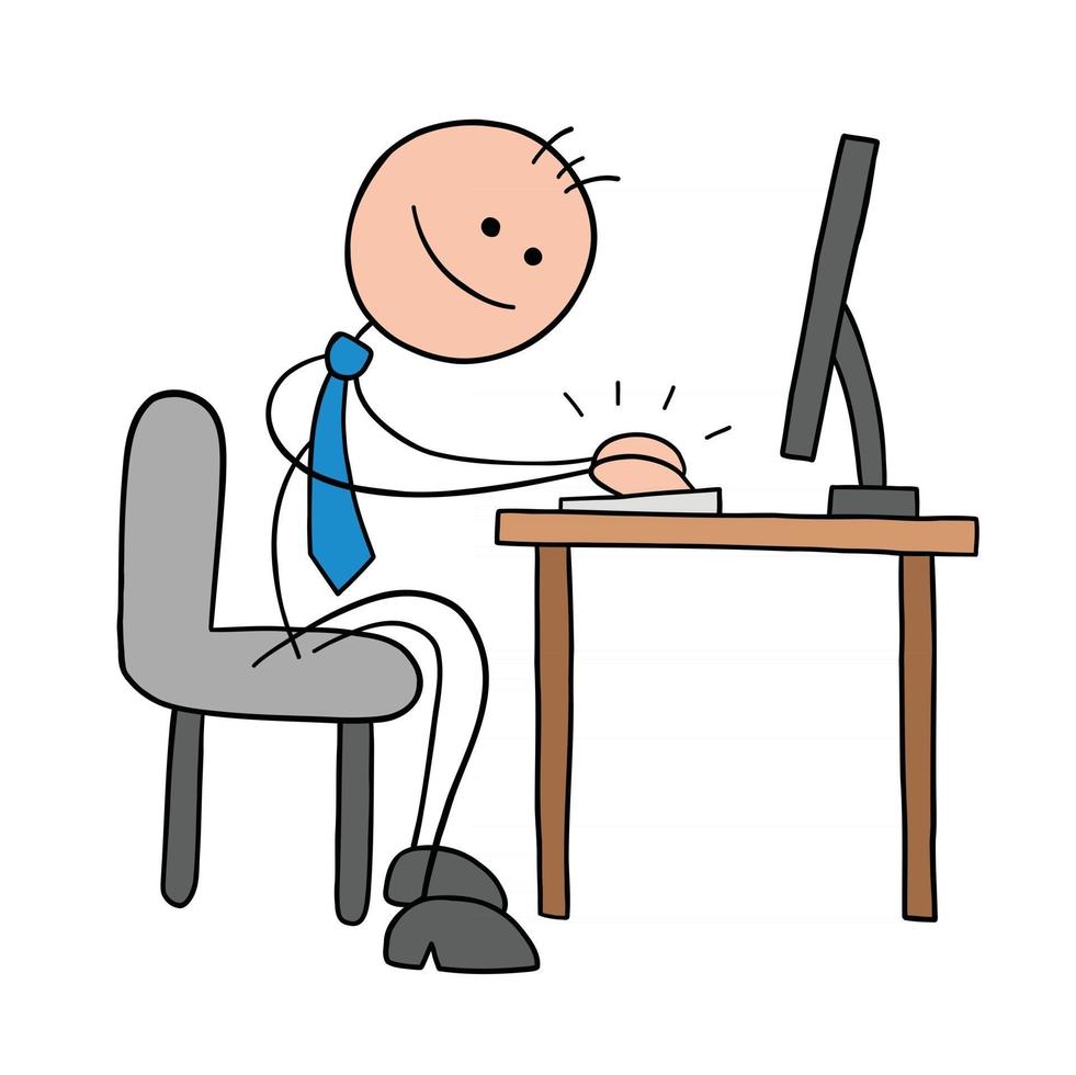 Stickman Businessman Character Working at the Computer and Happy Vector Cartoon Illustration