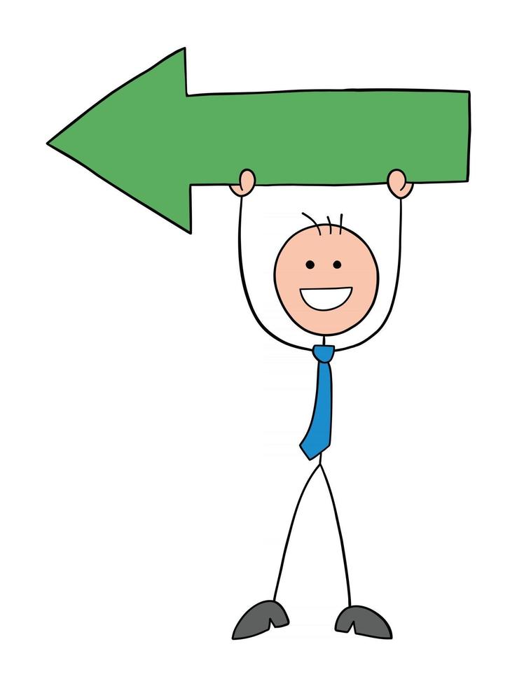 Stickman Businessman Character Holding Up Left Arrow Vector Cartoon Illustration