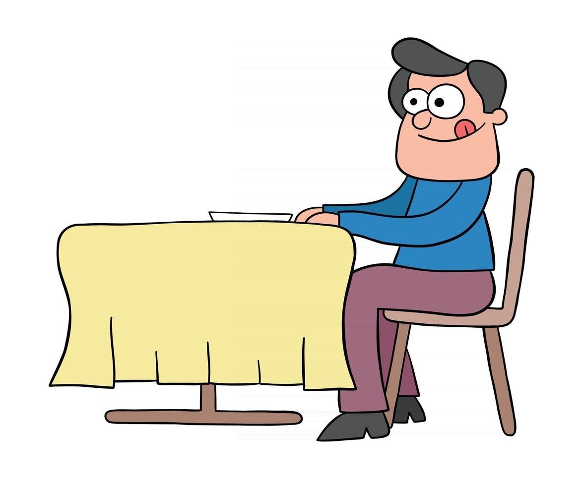 Cartoon Man Hungry at the Restaurant and Waiting For Dinner Vector Illustration