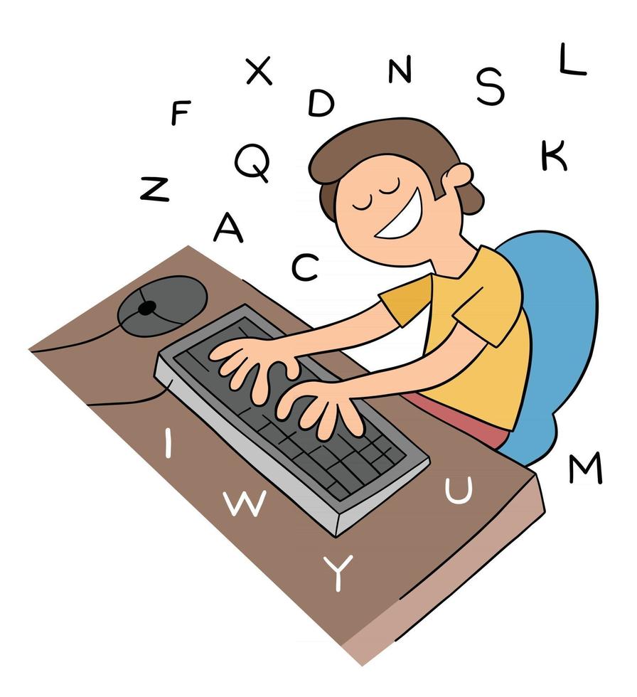 Cartoon Man Typing With Ten Fingers on the Keyboard Vector Illustration