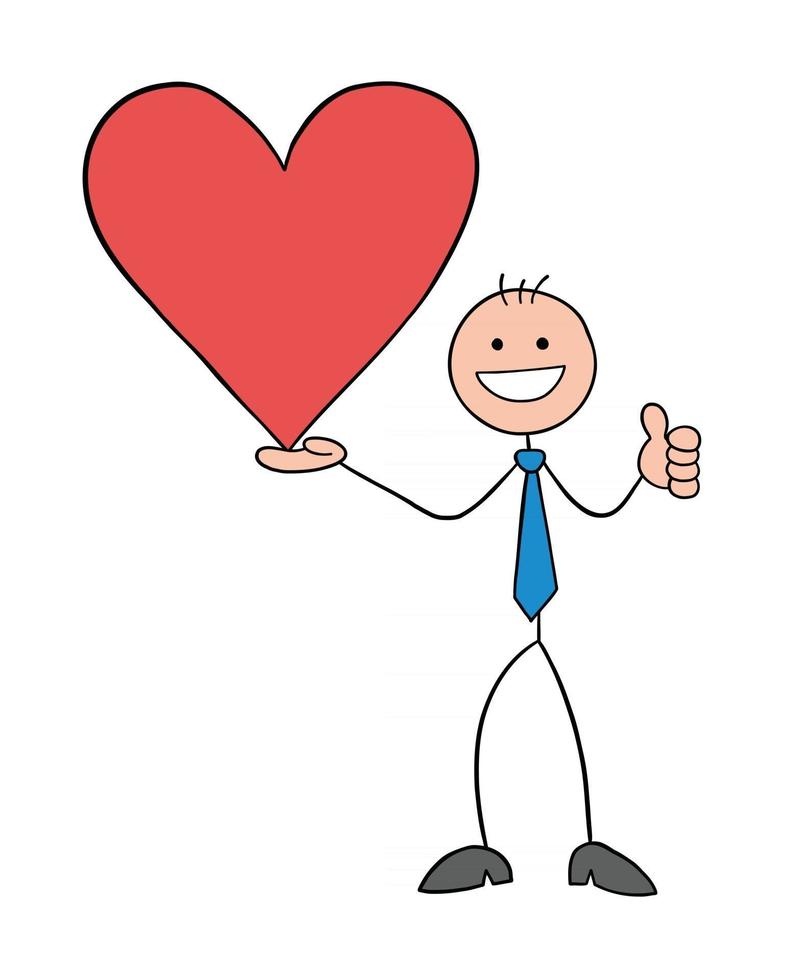 Stickman Businessman Character Holding Heart Symbol and Giving Thumbs Up Vector Cartoon Illustration