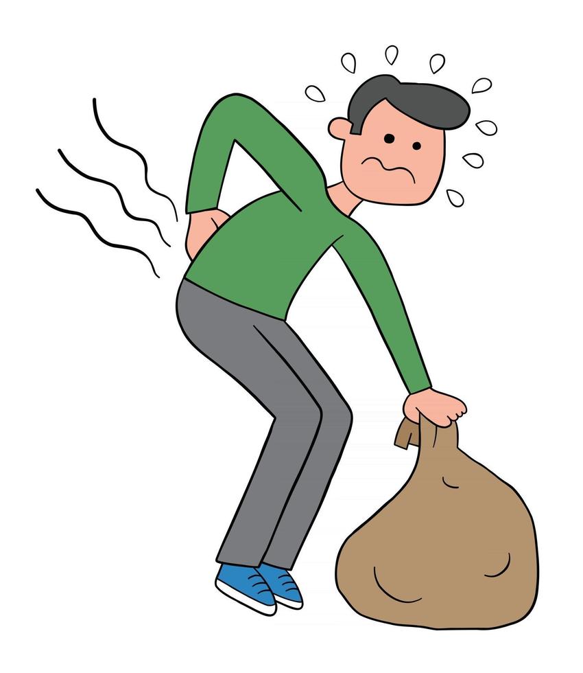 Cartoon Man Bends Down to Pick Up the Sack But His Back Hurts Vector Illustration