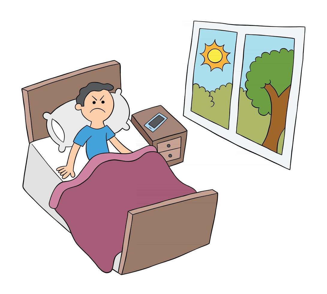 Cartoon Man Woke Up in the Morning But Very Angry Vector Illustration