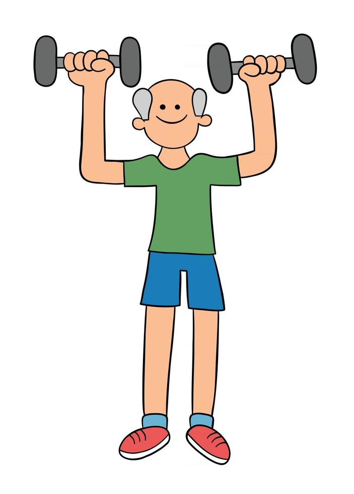 Cartoon Old Man Exercising and Lifting Weights Vector Illustration