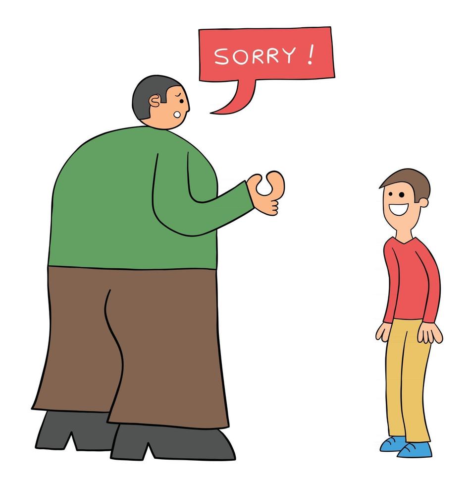 Cartoon Very Big Kind Man Apologizes on Weak Man Vector Illustration