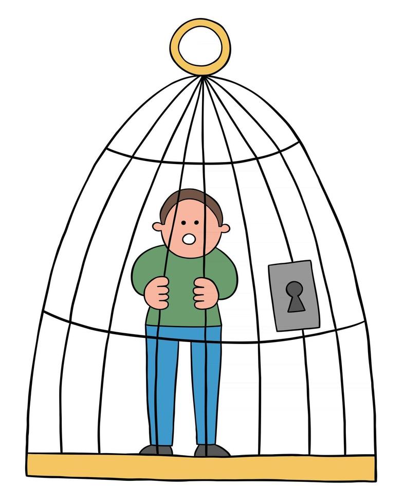 Hombre de dibujos animados atrapado en una ilustración de vector de jaula