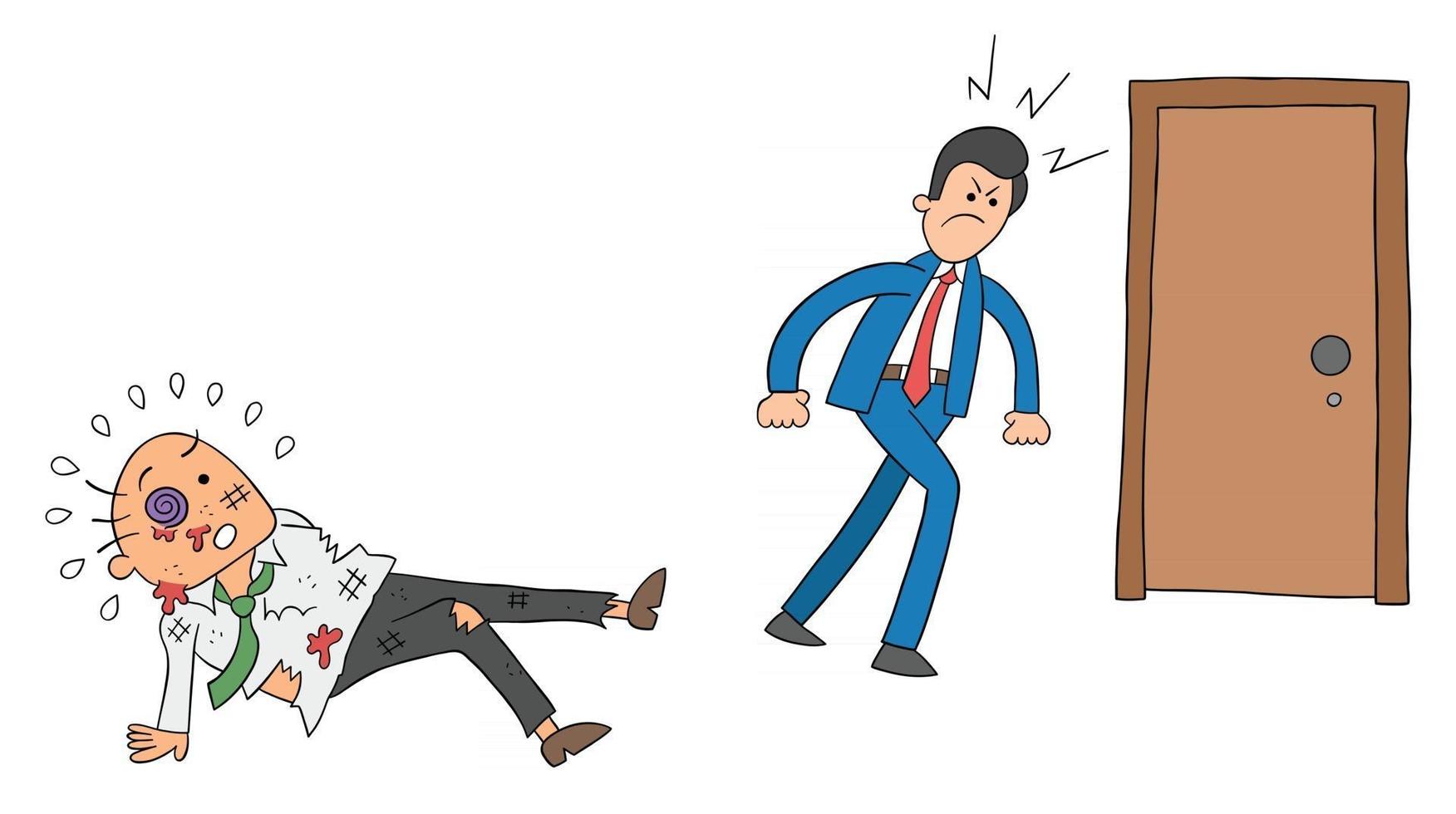 Cartoon Angry Employee Man Beat the Boss and Leaves Vector Illustration