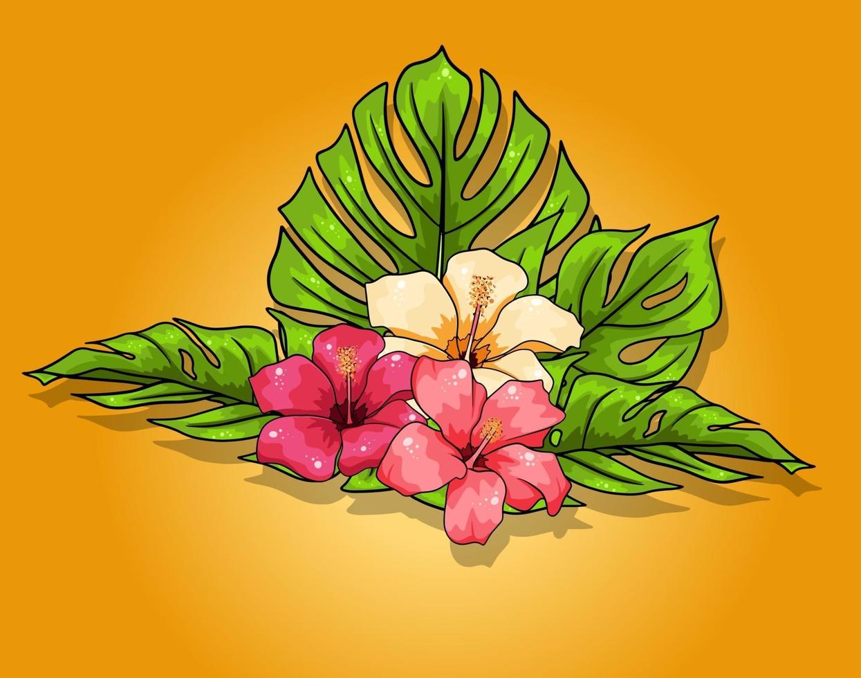 colección tropical con flores exóticas y hojas talladas en estilo de dibujos animados vector