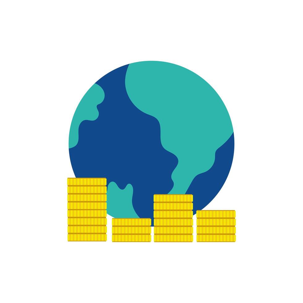 planeta mundial con pila de monedas dinero dólares estilo plano vector