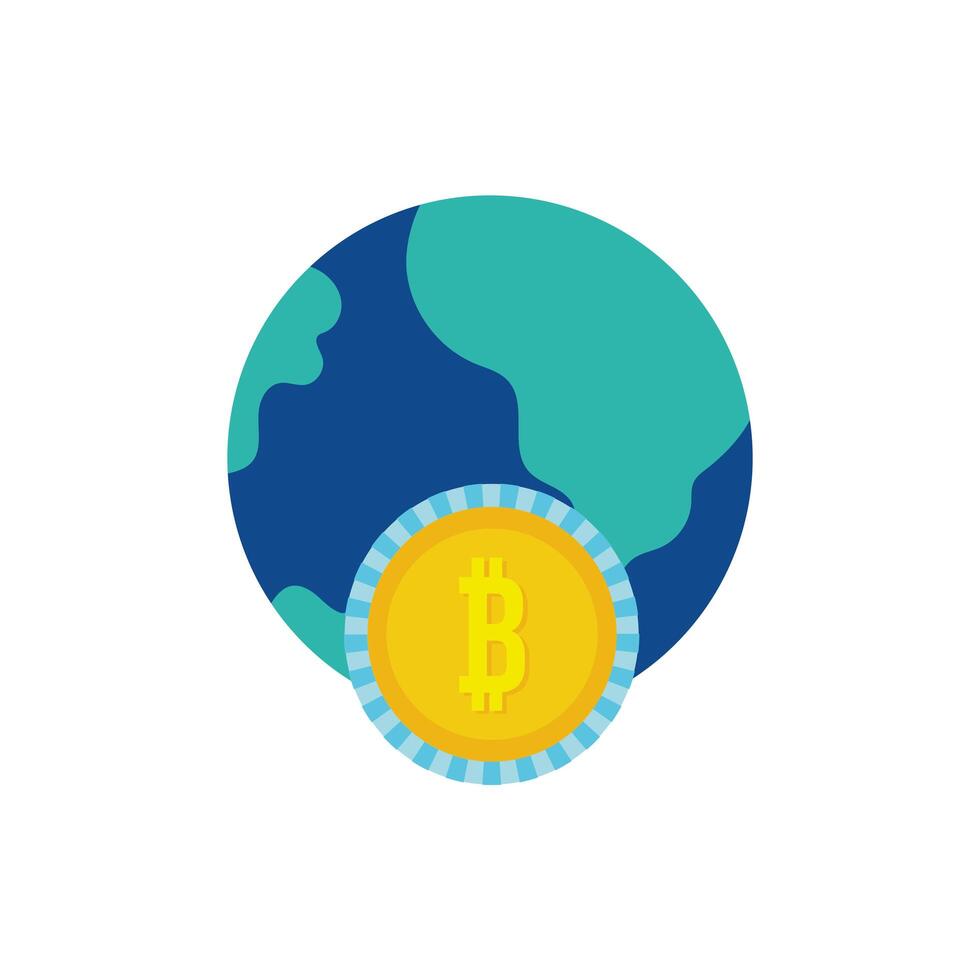 bitcoin money with world planet flat style vector