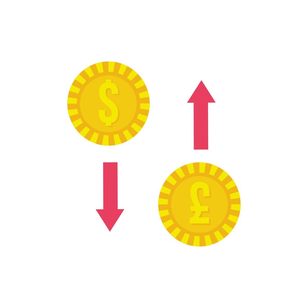 monedas de dólar y euro con flechas estilo plano vector