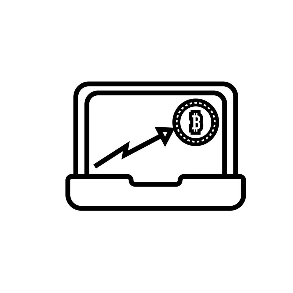 dinero bitcoin en computadora portátil y estilo de línea de flecha hacia arriba vector