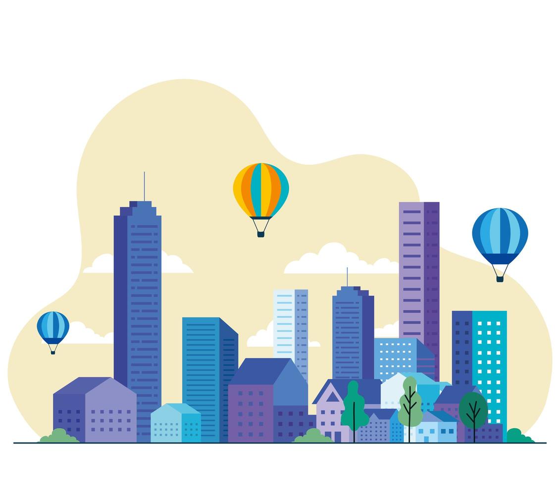 City landscape with buildings, houses, hot air balloons, trees and clouds vector design