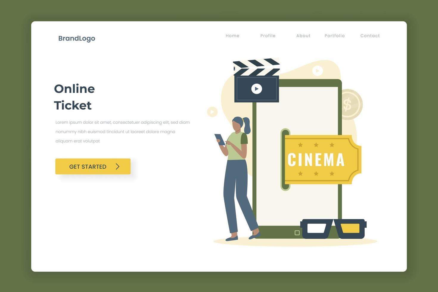 Cinema movie ticket online illustration landing page concept vector