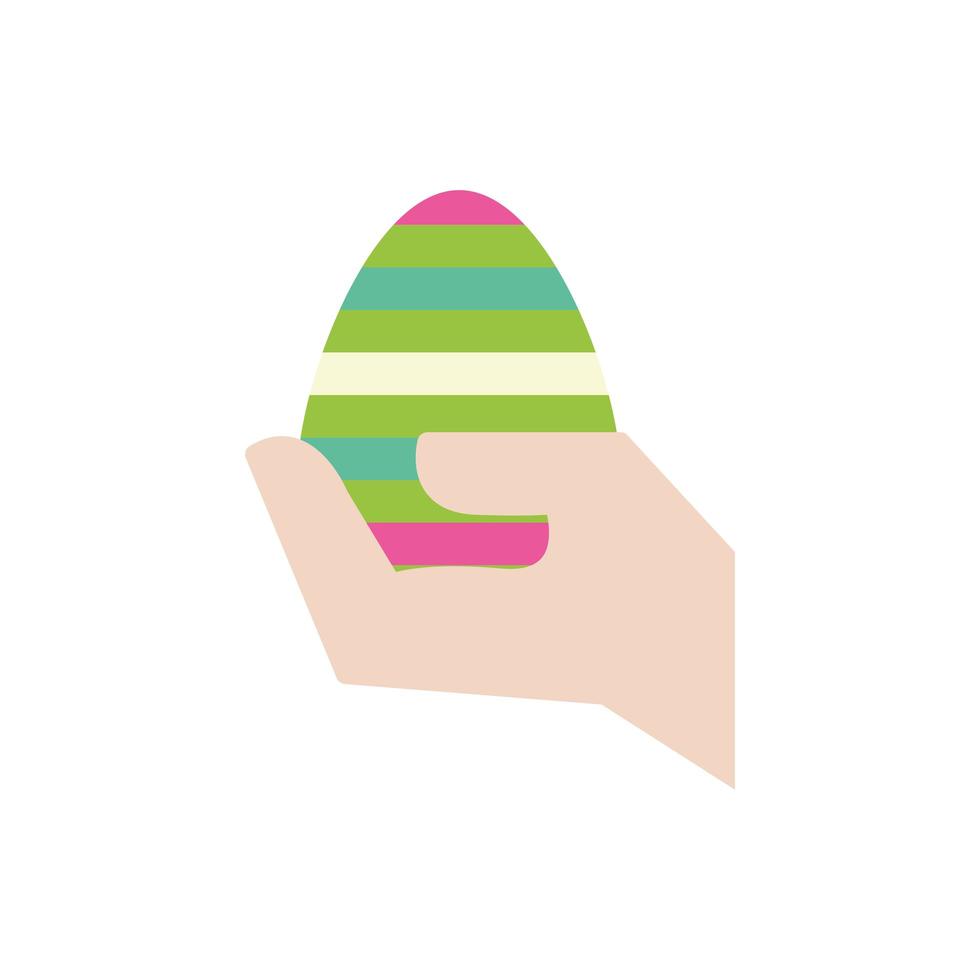 hand lifting easter egg painted with stripes flat style vector