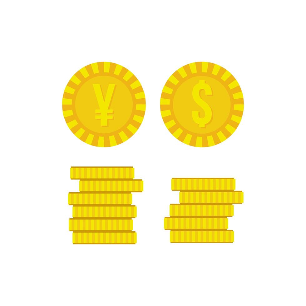 pile coins money dollars and yens flat style vector