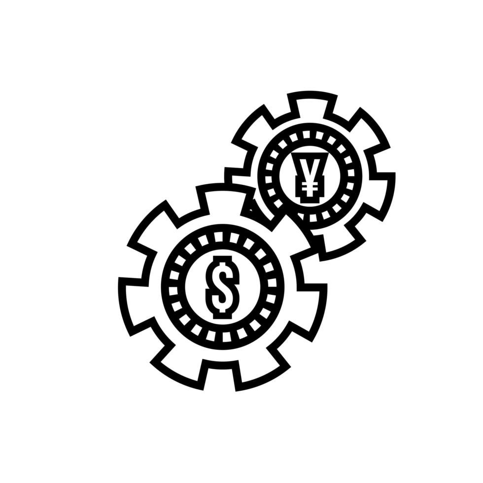 money dollar and yen coins with gears line style vector