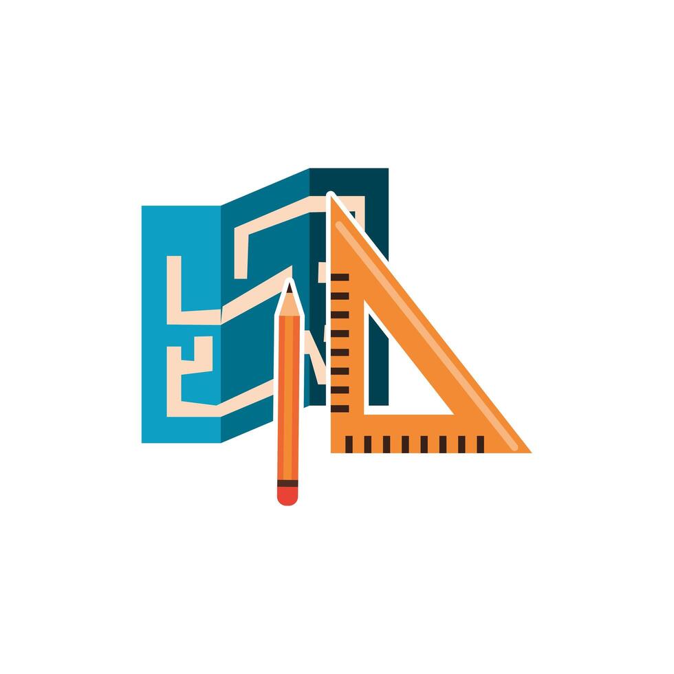 plane paper with rule and pencil construction icon vector