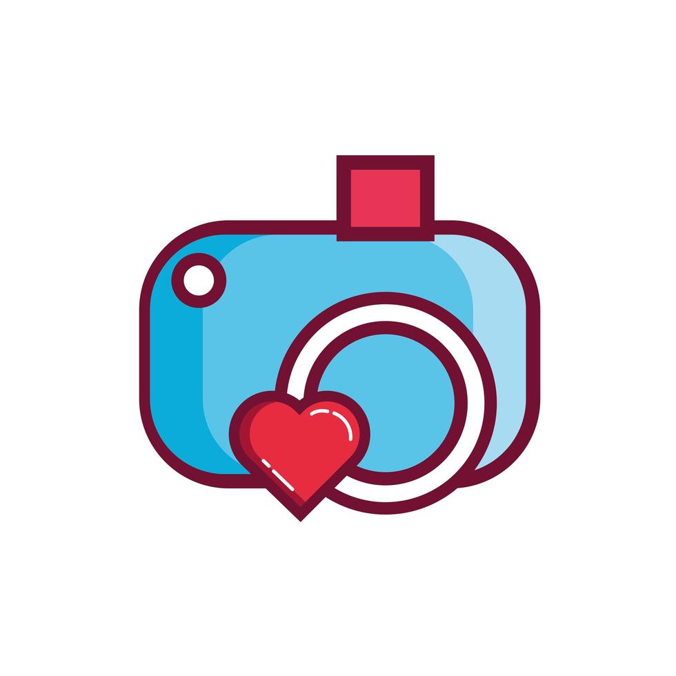 cámara fotográfica del día de san valentín con línea de corazón y estilo de relleno vector