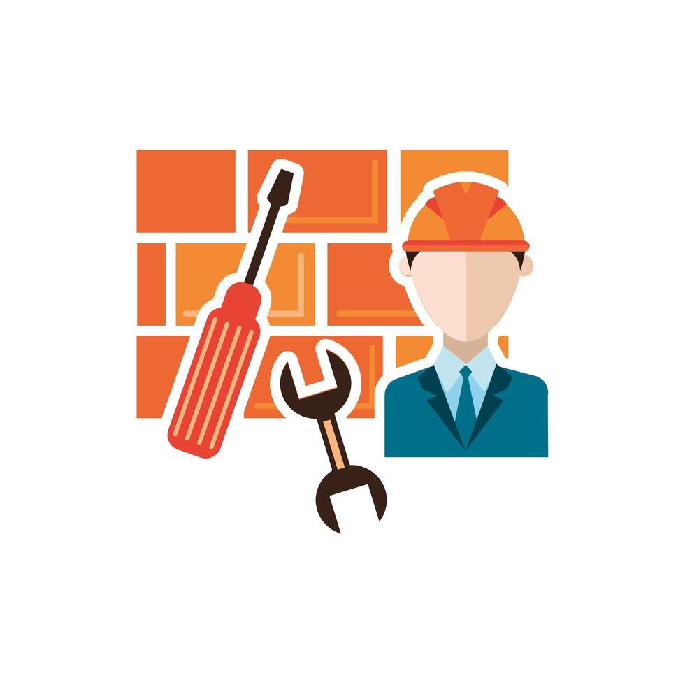 bricks wall construction with engineer and tools detailed vector