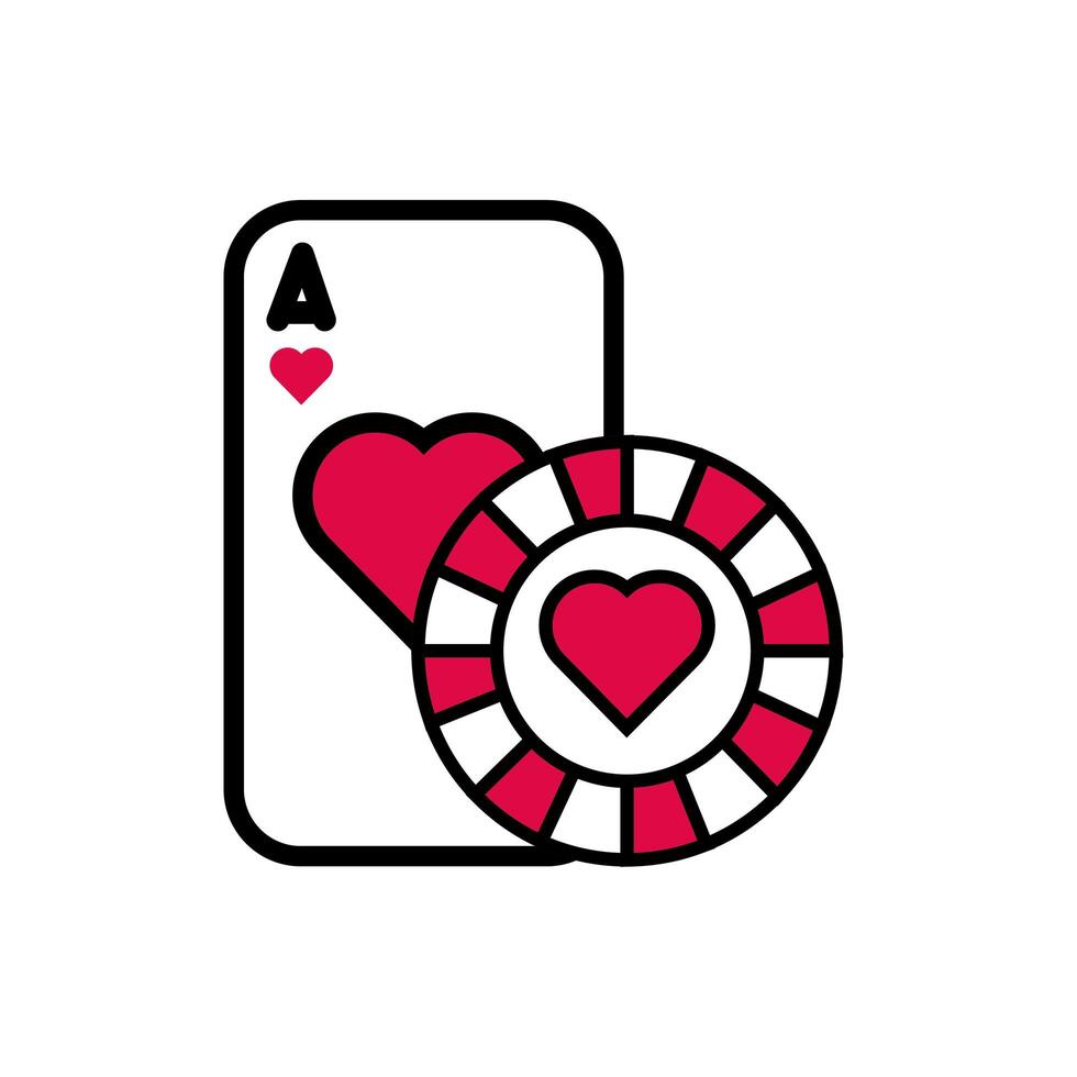 Tarjeta de póquer de casino y chip con icono de corazón aislado vector