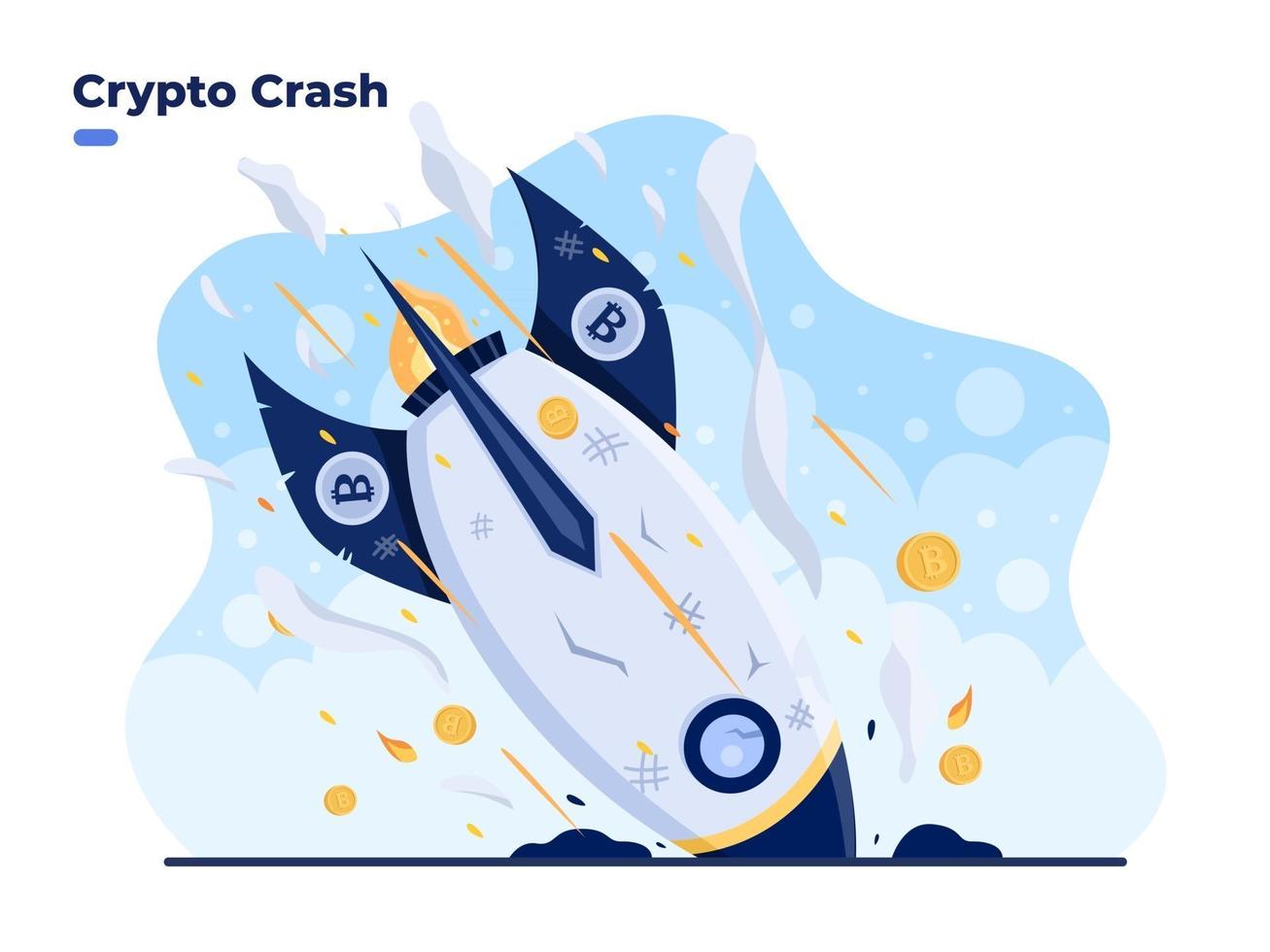 Crypto Crash vector flat illustration. Bitcoin price collapse cryptocurrency volatility price roaring fast and fall down. Crypto loss Cryptocurrency investment high risk Crypto market drop