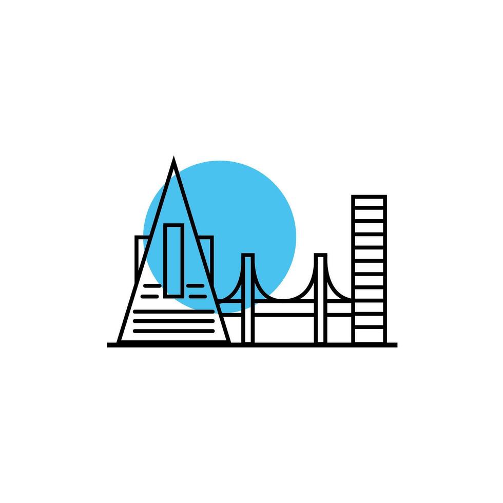 edificios y puente paisaje urbano escena icono de estilo de línea vector