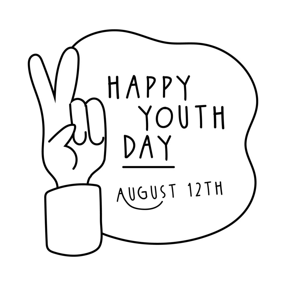 happy youth day lettering with hand peace and love symbol line style vector