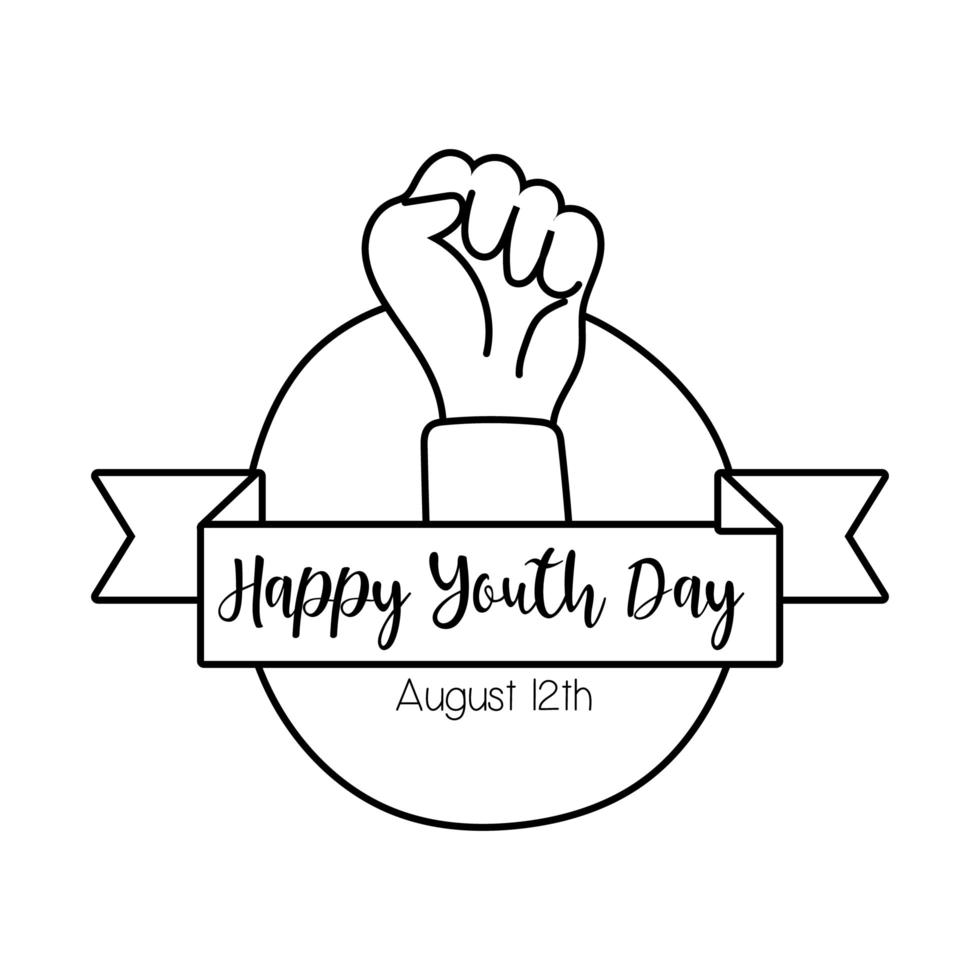 happy youth day lettering with hand fist symbol line style vector