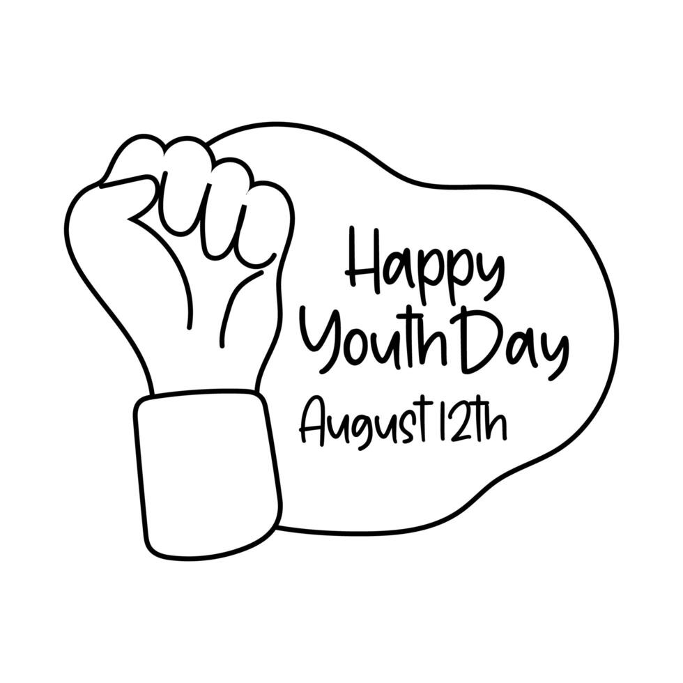 happy youth day lettering with hand fist symbol line style vector