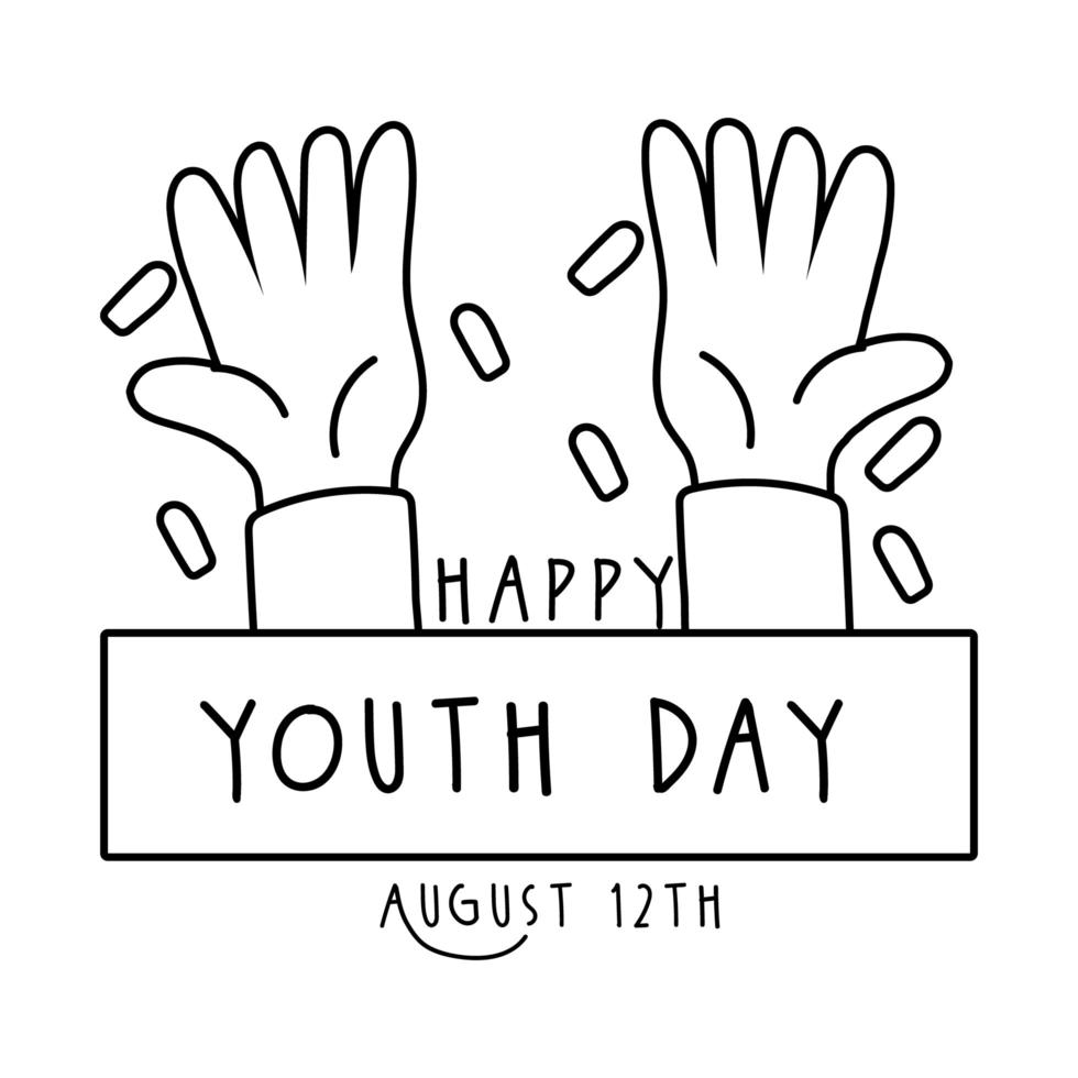 happy youth day lettering with hands symbols line style vector