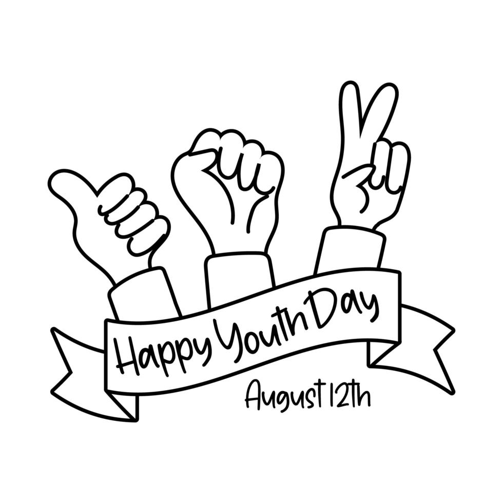 happy youth day lettering with hands symbols line style vector