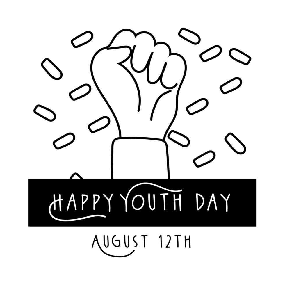 happy youth day lettering with hand fist symbol line style vector