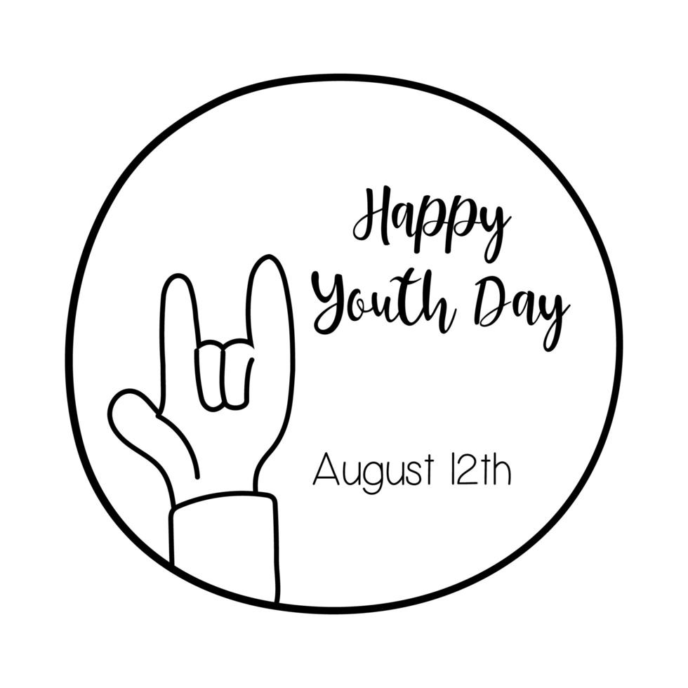 happy youth day lettering with hand rock and roll symbol line style vector