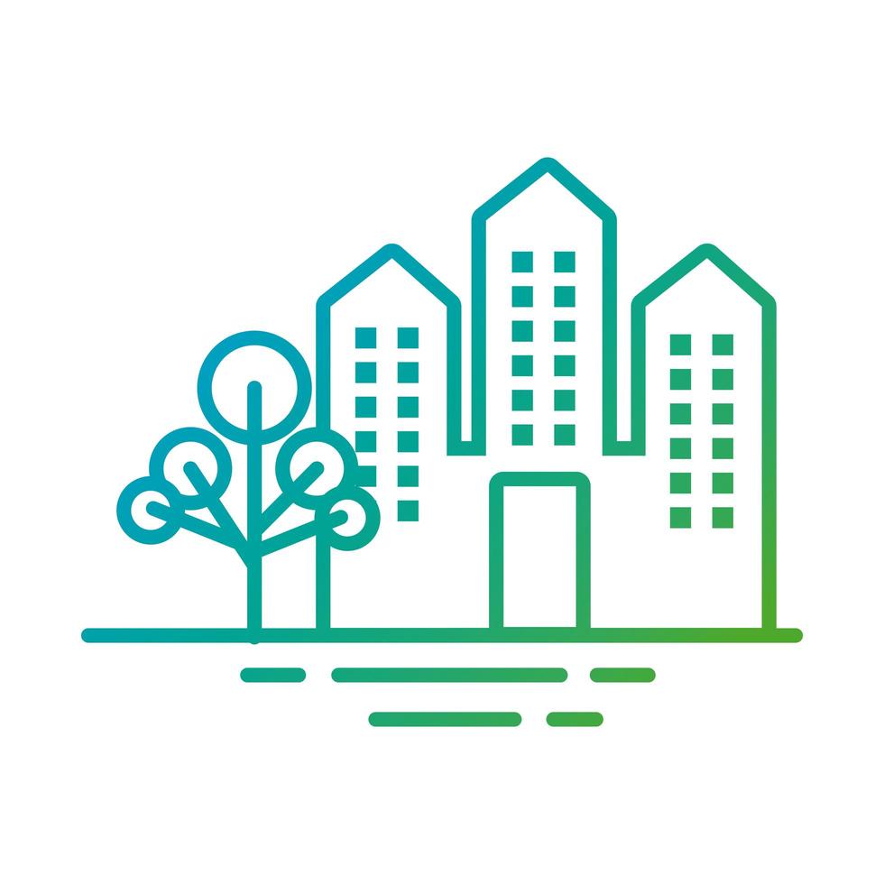 buildings constructions facades with trees city gradient style icons vector