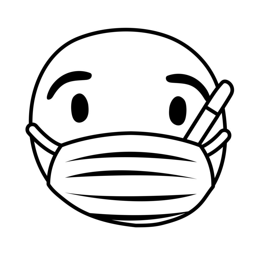 emoji sick wearing medical mask and thermometer line style vector