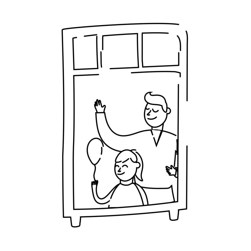 father and daughter with balloon helium in apartment window for quarantine line style vector