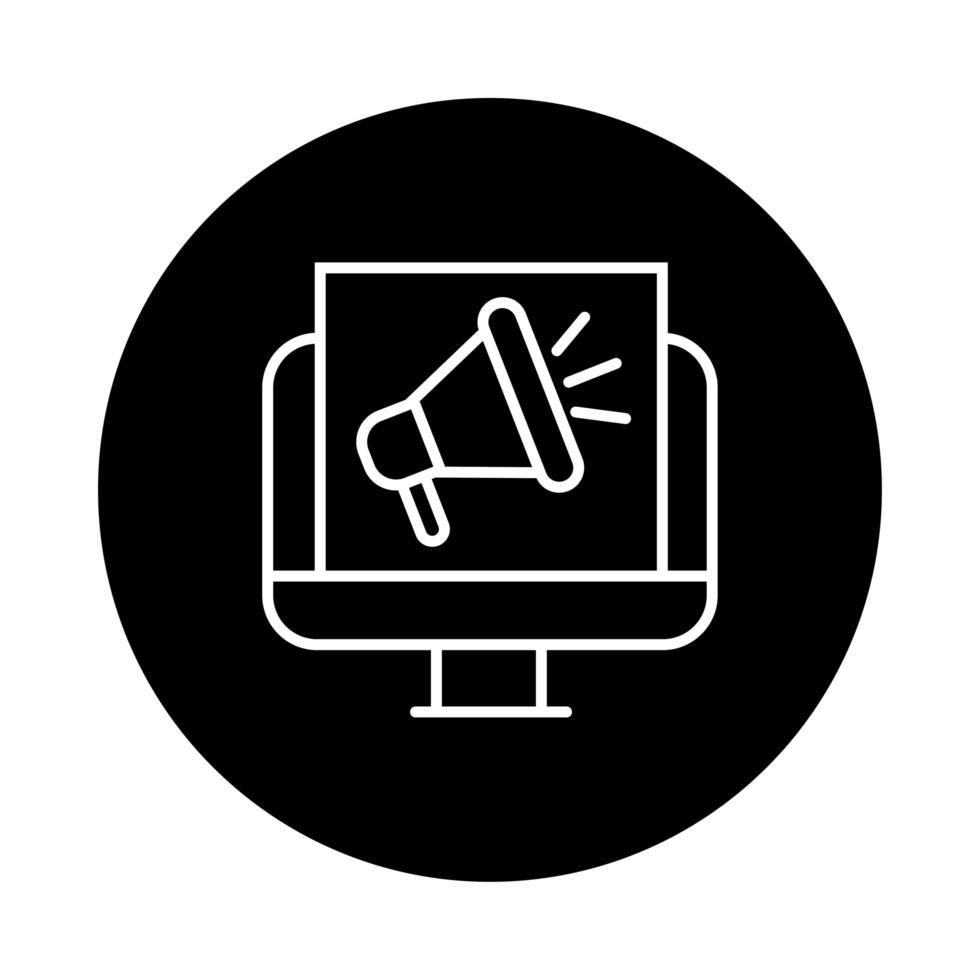 desktop computer with megaphone block and line style icon vector