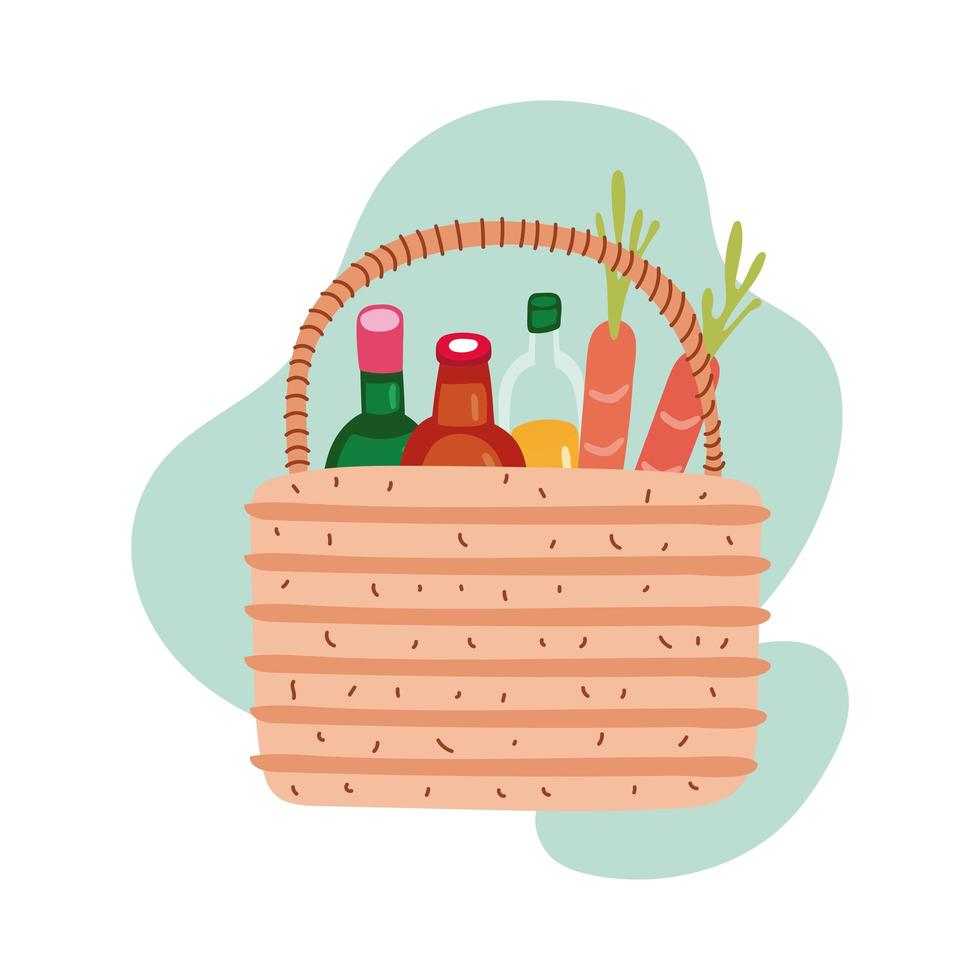 groceries in straw basket block style vector