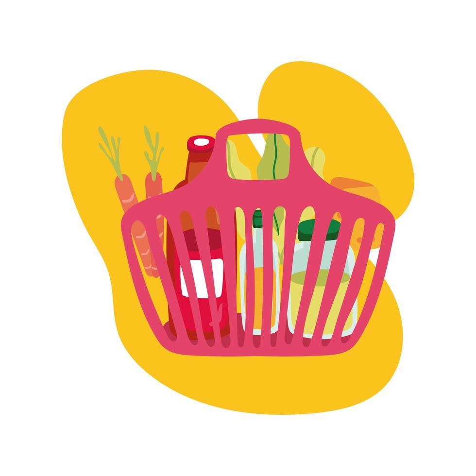 groceries in plastic basket block style vector