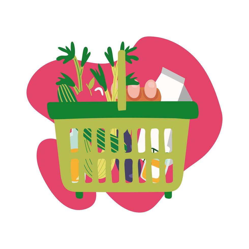 groceries in plastic basket block style vector
