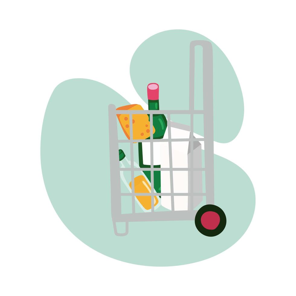 groceries in shopping basket with wheels block style vector