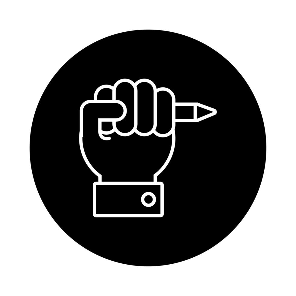 hand with pen school supply block and line style icon vector